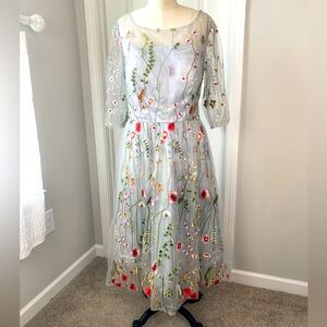 Embroidered Tulle Midi Dress in Silver Multicolor